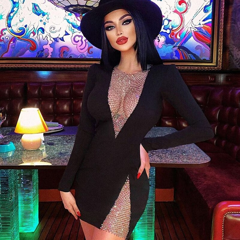 Split Beading V-Neck Nightclub Party Bodycon Mini Dress