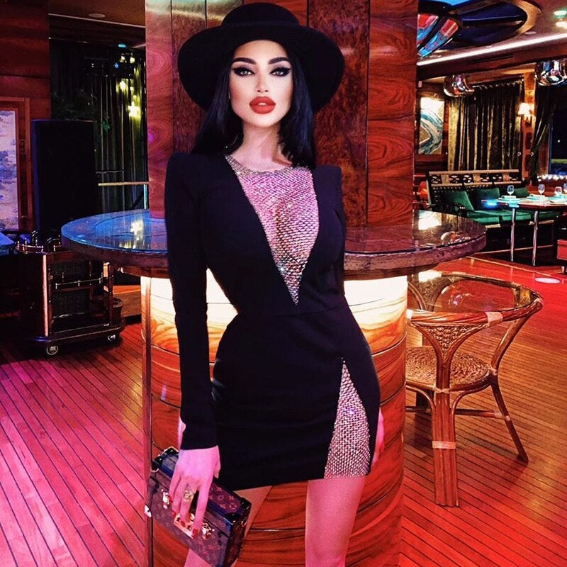 Split Beading V-Neck Nightclub Party Bodycon Mini Dress