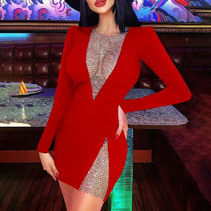 Split Beading V-Neck Nightclub Party Bodycon Mini Dress