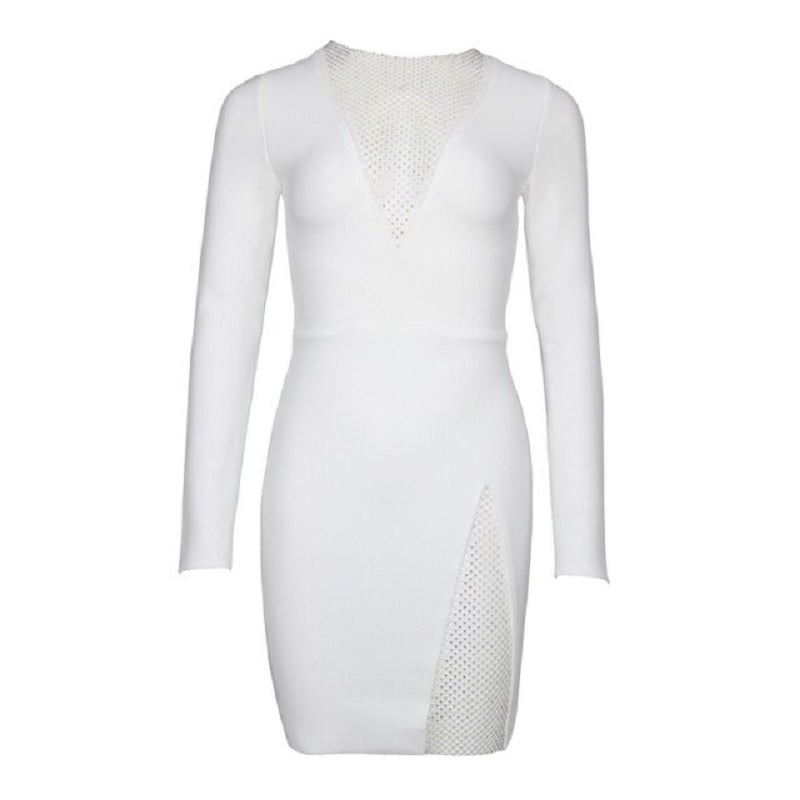 Split Beading V-Neck Nightclub Party Bodycon Mini Dress