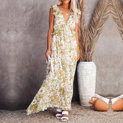 Casual V-neck Ruffle Long Party Dress