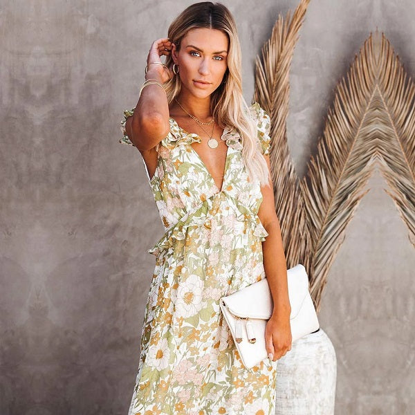 Casual V-neck Ruffle Long Party Dress