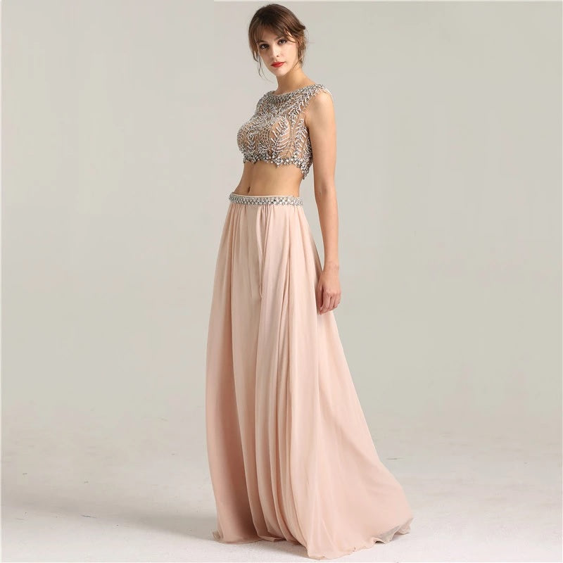 Crop Top Crystal Pearls Two Piece Prom Dress