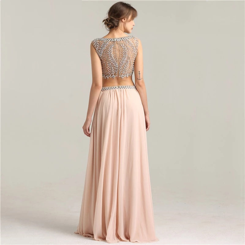 Crop Top Crystal Pearls Two Piece Prom Dress