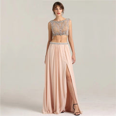 Crop Top Crystal Pearls Two Piece Prom Dress