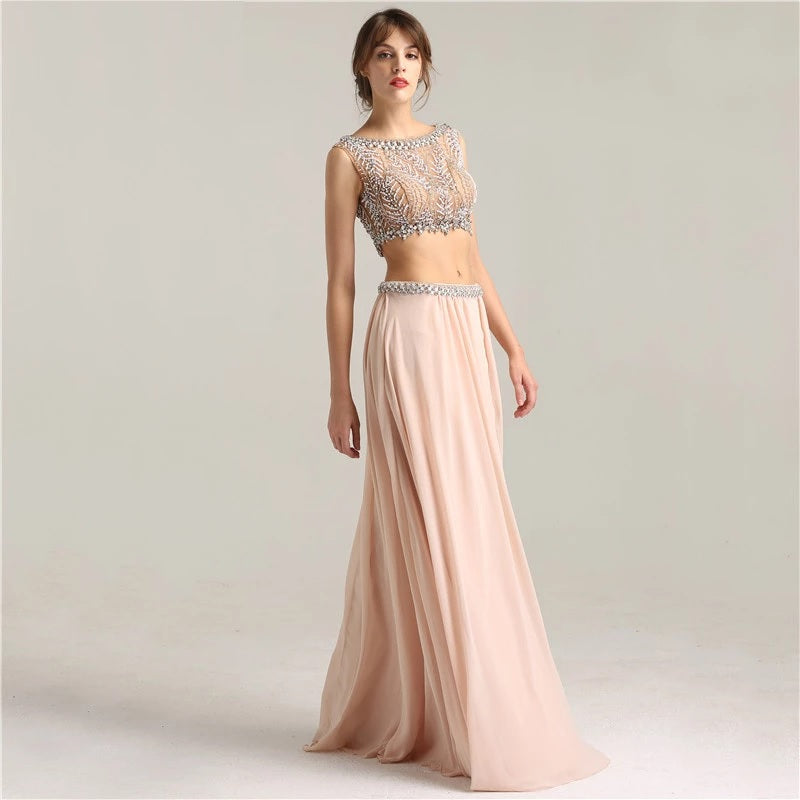 Crop Top Crystal Pearls Two Piece Prom Dress