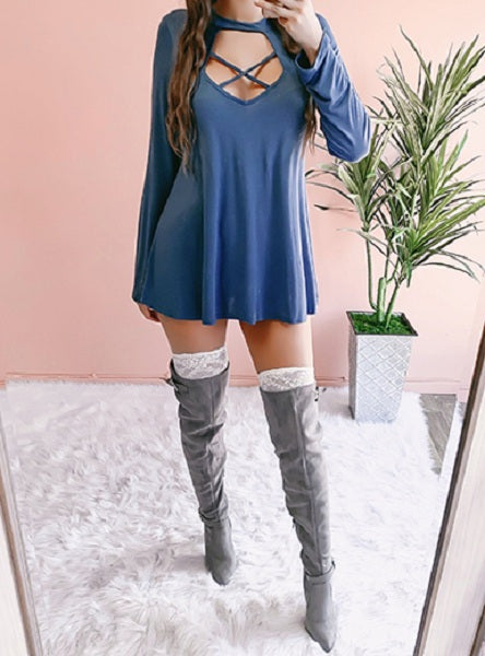 Cross Accent Front and Back Cut Out Choker Dress