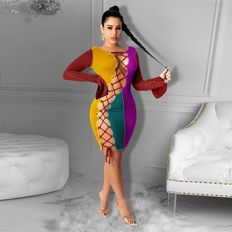 Cross Bandage Hollow Out Long Sleeve Bodycon Dress
