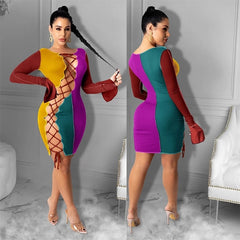 Cross Bandage Hollow Out Long Sleeve Bodycon Dress