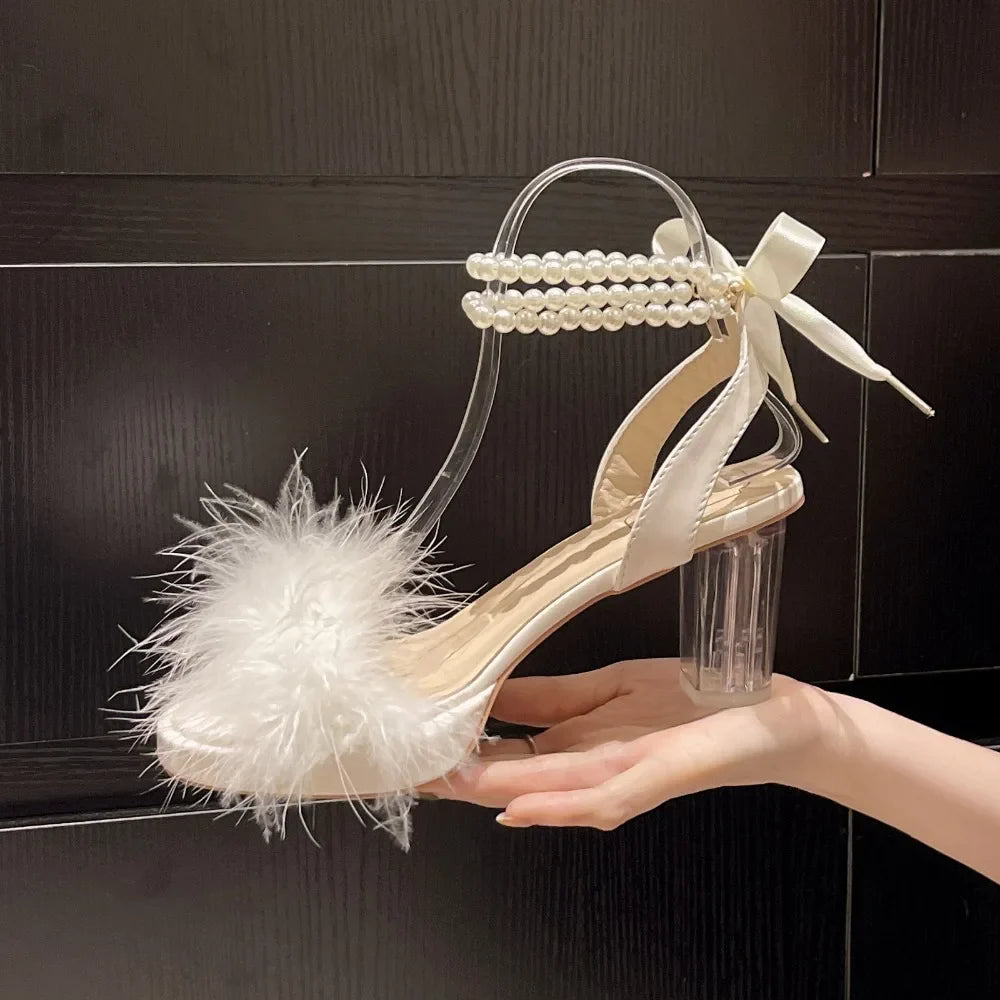 Crystal Sandals Fluffy Peep Toe Stilettos High Heel