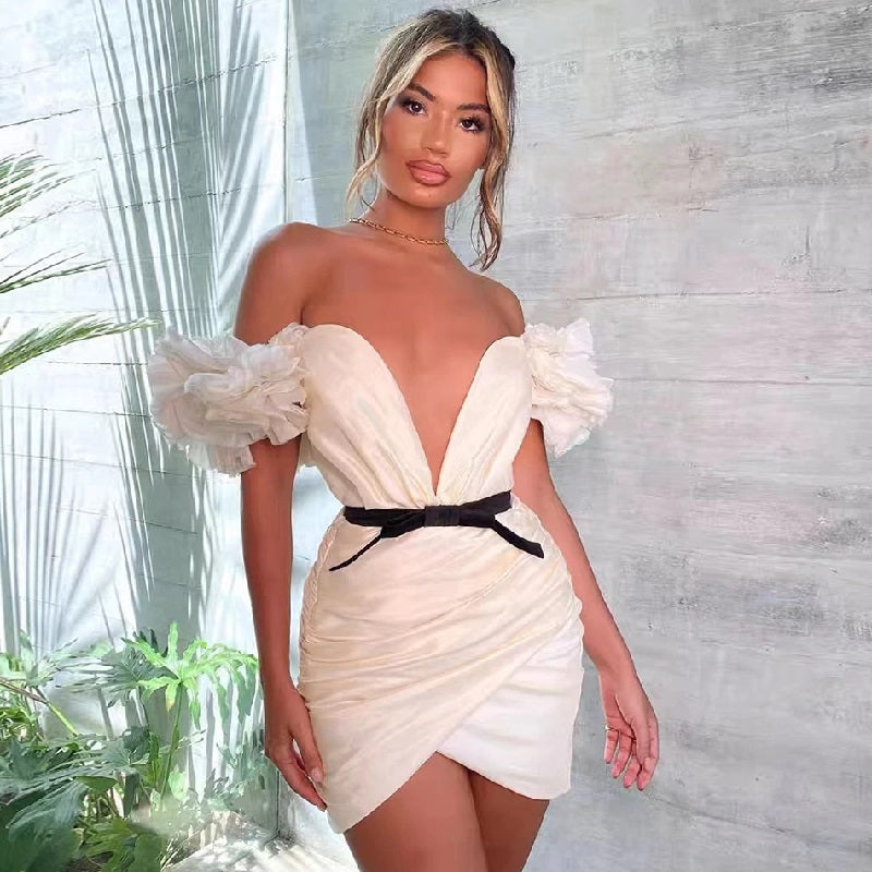 Deep V Neck Natural Waist Evening Party Draped Bodycon Dress
