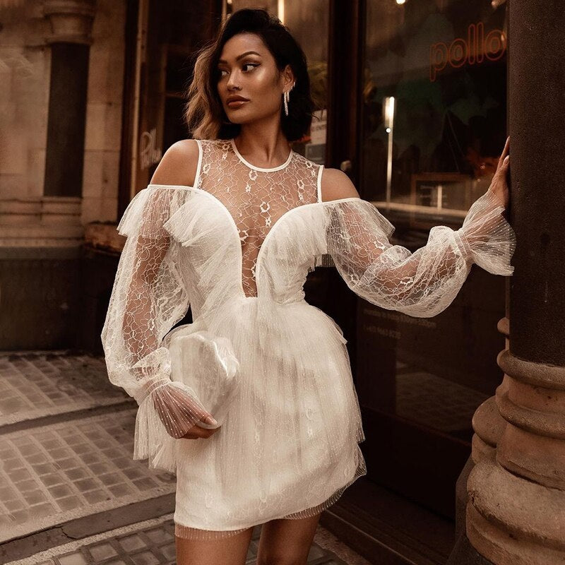 Deep V Neck Hollow Out Lace Full Sleeve Mini Dress