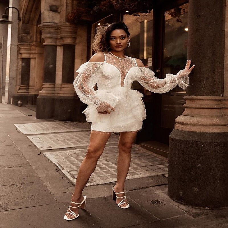 Deep V Neck Hollow Out Lace Full Sleeve Mini Dress