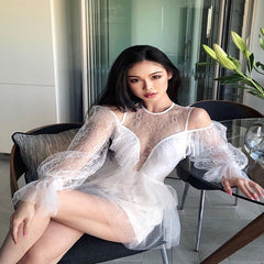 Deep V Neck Hollow Out Lace Full Sleeve Mini Dress