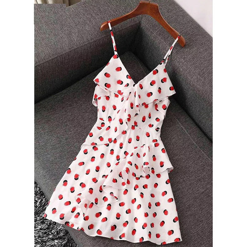 Deep V-Neck Ruffles Cotton Spaghetti Strap Mini Dress
