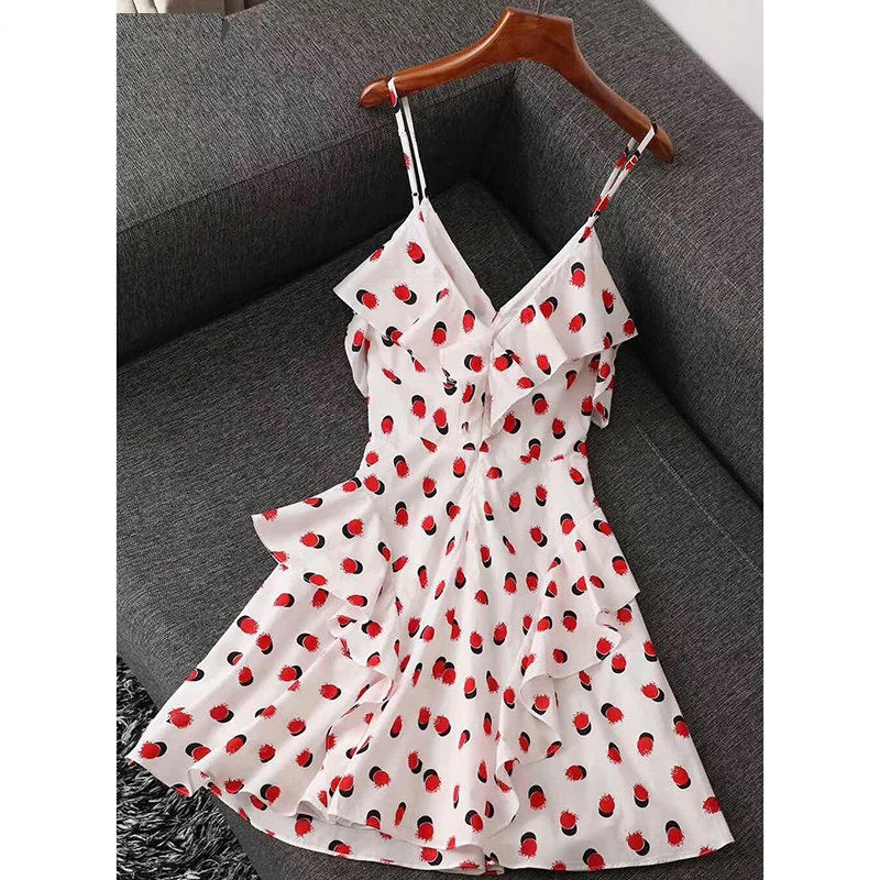 Deep V-Neck Ruffles Cotton Spaghetti Strap Mini Dress