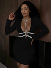 Elegant V-Neck Diamond ChainLong Sleeves Mini Dress