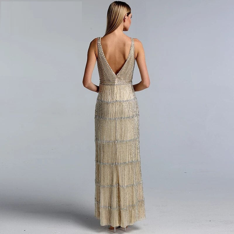 Deep-V Sequined Beading Tassel Luxury Formal Dress