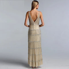 Deep-V Sequined Beading Tassel Luxury Formal Dress