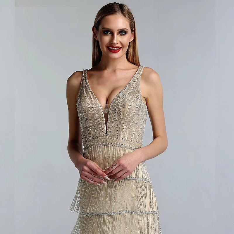 Deep-V Sequined Beading Tassel Luxury Formal Dress