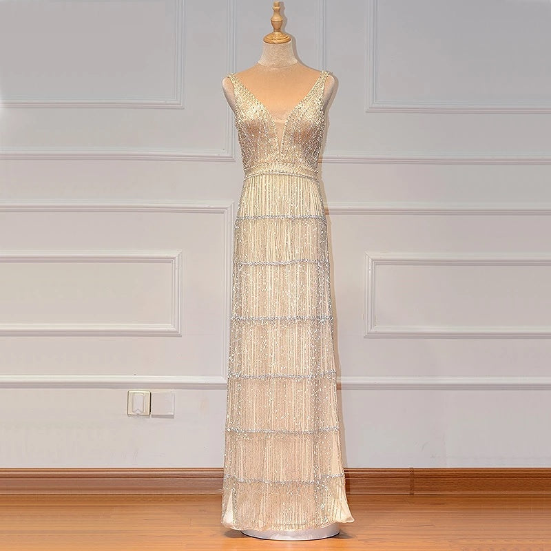 Deep-V Sequined Beading Tassel Luxury Formal Dress