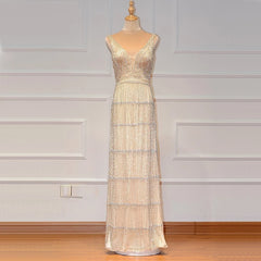Deep-V Sequined Beading Tassel Luxury Formal Dress
