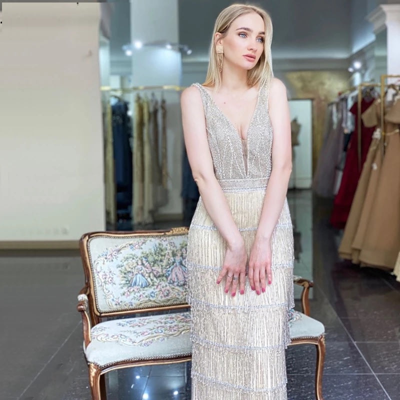 Deep-V Sequined Beading Tassel Luxury Formal Dress