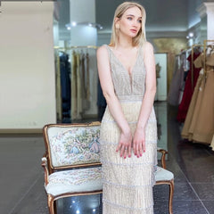 Deep-V Sequined Beading Tassel Luxury Formal Dress
