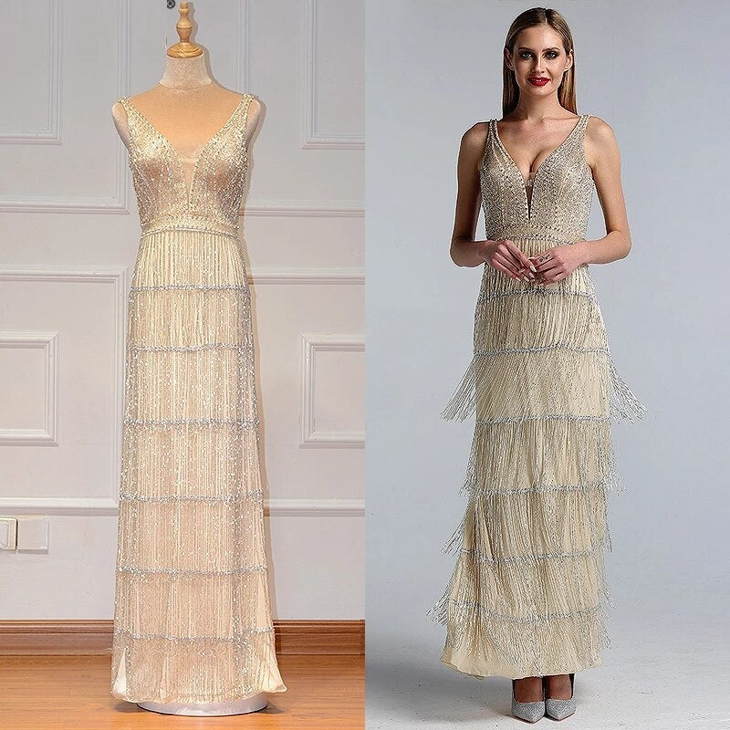 Deep-V Sequined Beading Tassel Luxury Formal Dress