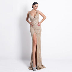 Deep V Sleeveless Backless High Split Maxi Dress