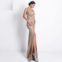 Deep V Sleeveless Backless High Split Maxi Dress