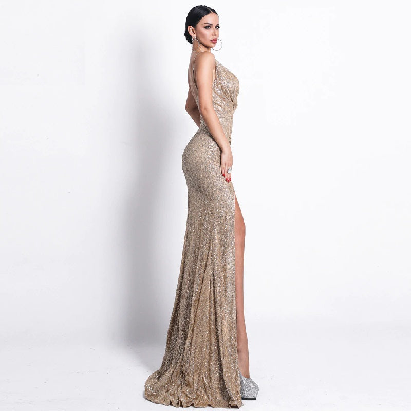 Deep V Sleeveless Backless High Split Maxi Dress