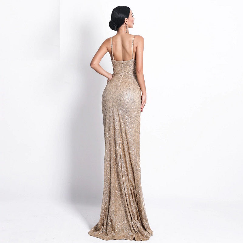 Deep V Sleeveless Backless High Split Maxi Dress