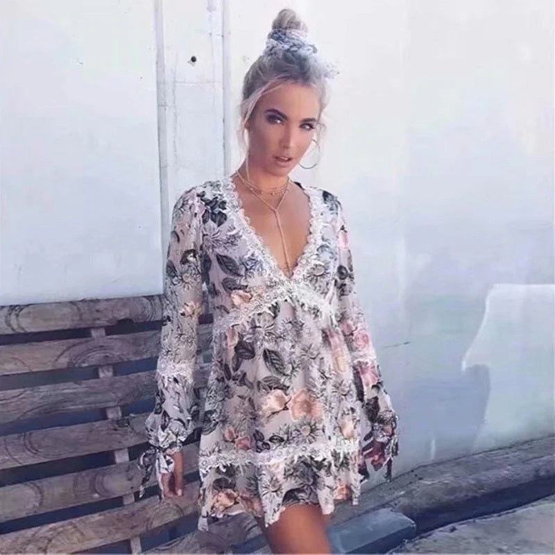 Deep V-Neck  Boho Embroidery Lace Patchwork Mini Dress