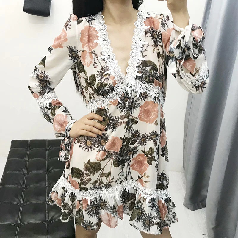 Deep V-Neck  Boho Embroidery Lace Patchwork Mini Dress