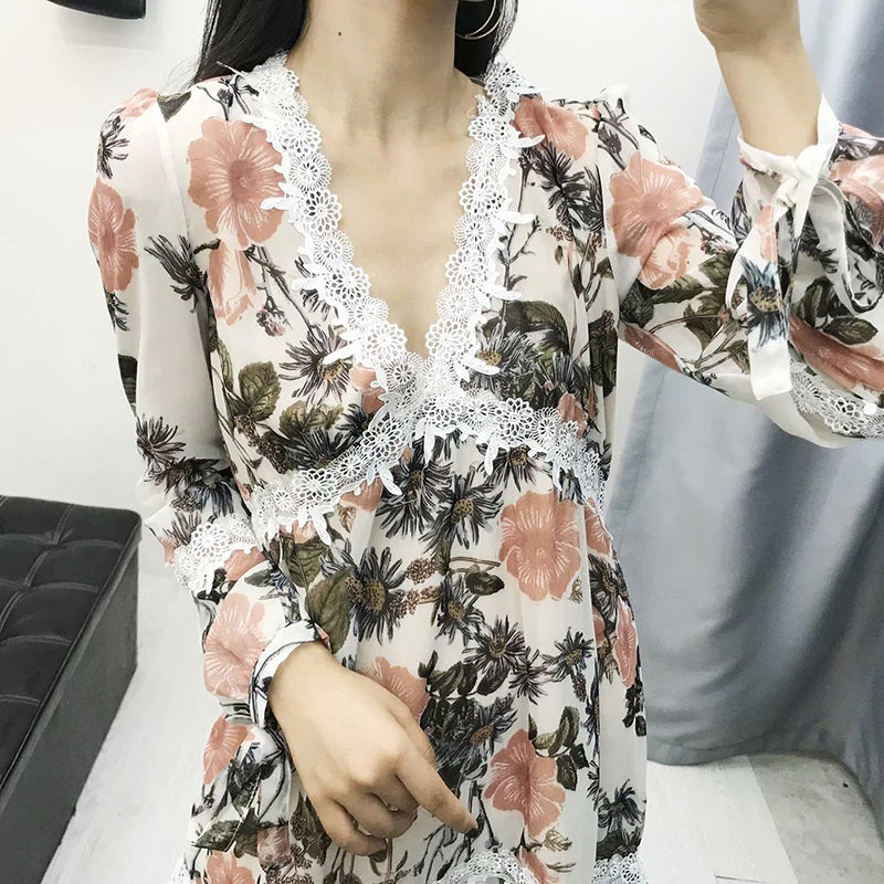 Deep V-Neck  Boho Embroidery Lace Patchwork Mini Dress