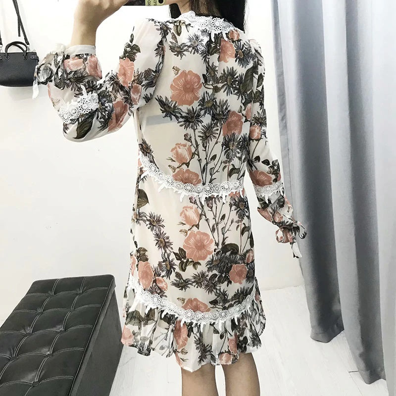 Deep V-Neck  Boho Embroidery Lace Patchwork Mini Dress
