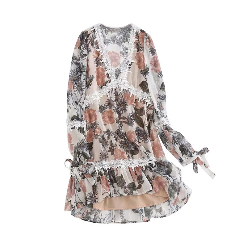 Deep V-Neck  Boho Embroidery Lace Patchwork Mini Dress