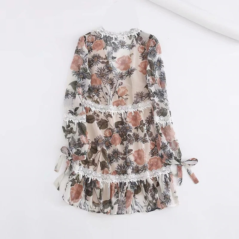 Deep V-Neck  Boho Embroidery Lace Patchwork Mini Dress