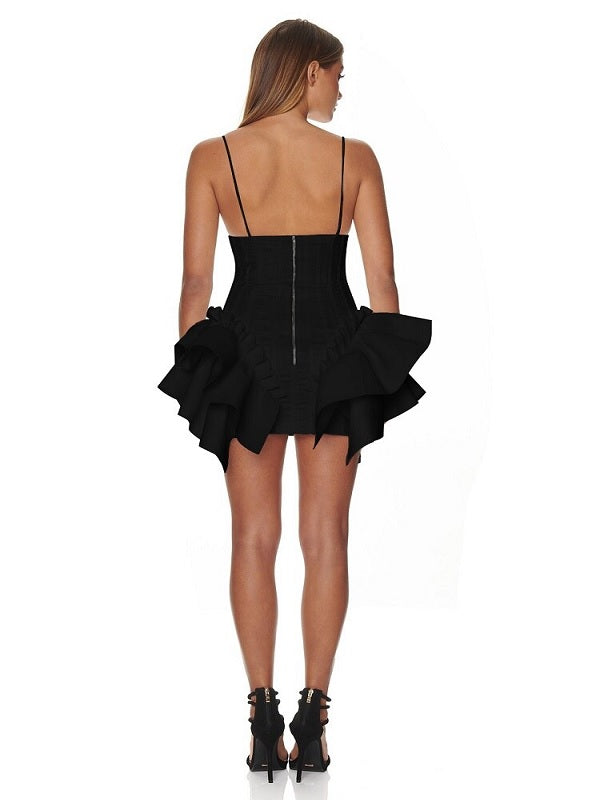 Deep V-neck Ruffles Spaghetti Strap Bandage Mini Dresses