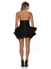 Deep V-neck Ruffles Spaghetti Strap Bandage Mini Dresses
