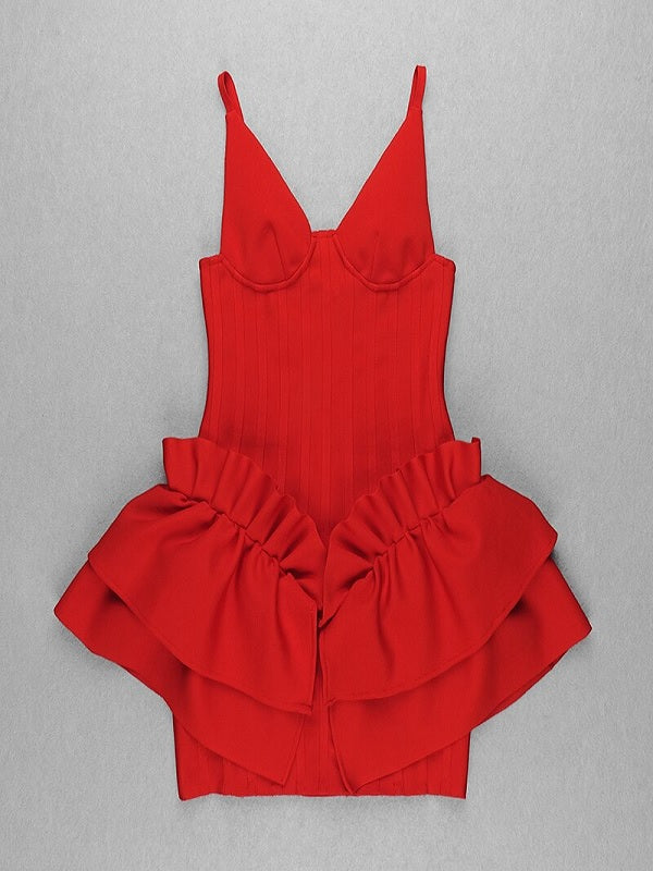 Deep V-neck Ruffles Spaghetti Strap Bandage Mini Dresses