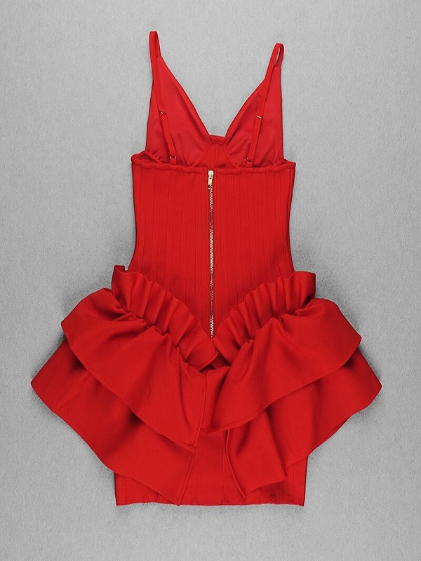 Deep V-neck Ruffles Spaghetti Strap Bandage Mini Dresses