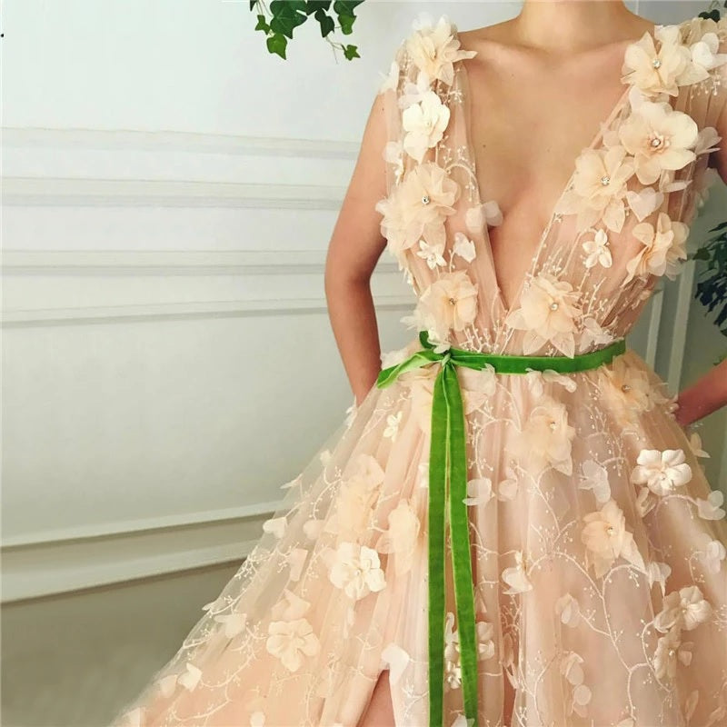 Diamonds Handmade Flowers A-Line Formal Dress