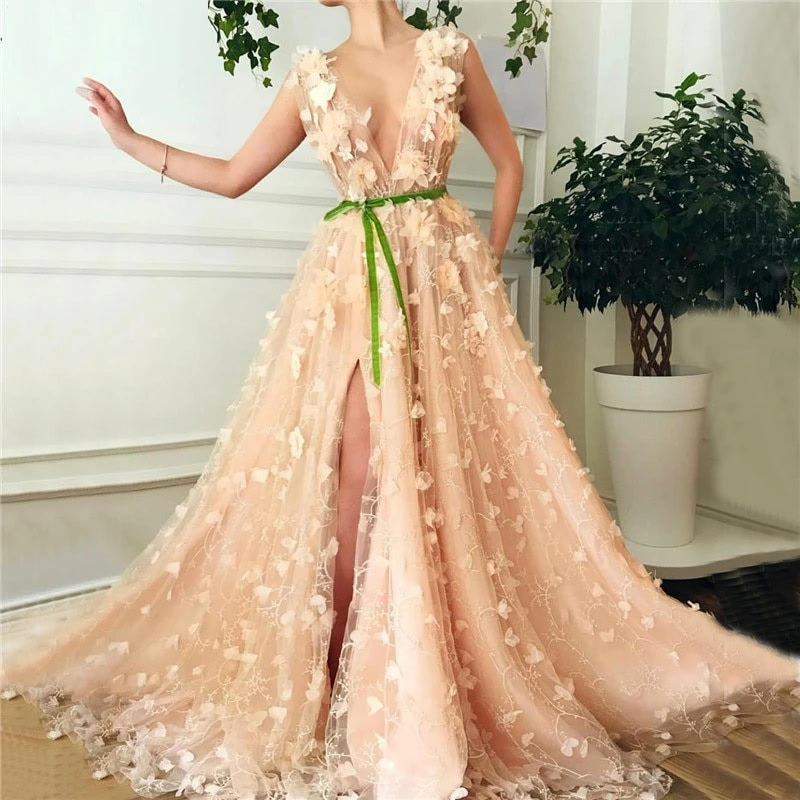 Diamonds Handmade Flowers A-Line Formal Dress