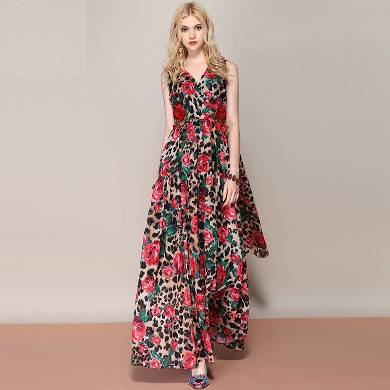Floral Leopard Print Shawl Maxi Dress
