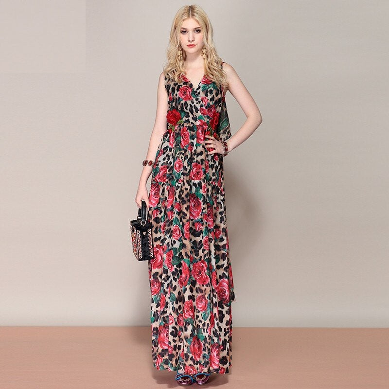Floral Leopard Print Shawl Maxi Dress