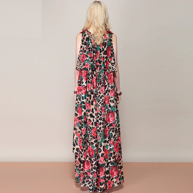 Floral Leopard Print Shawl Maxi Dress
