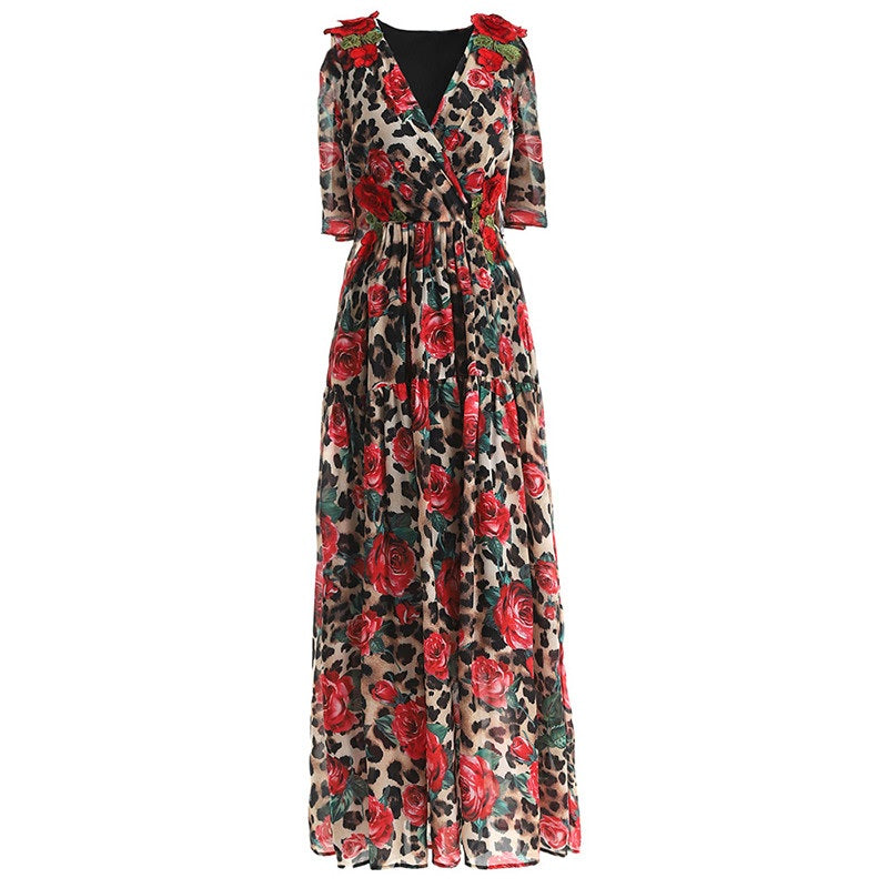 Floral Leopard Print Shawl Maxi Dress