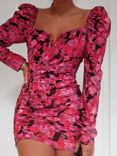 Floral Print Sweetheart Long Sleeves Buttons Sheath Bodycon Dress